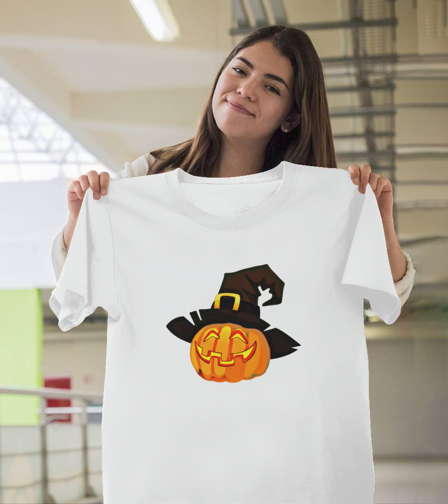 Orange Pumpkin With Witch Hat and Happy Face T-Shirt