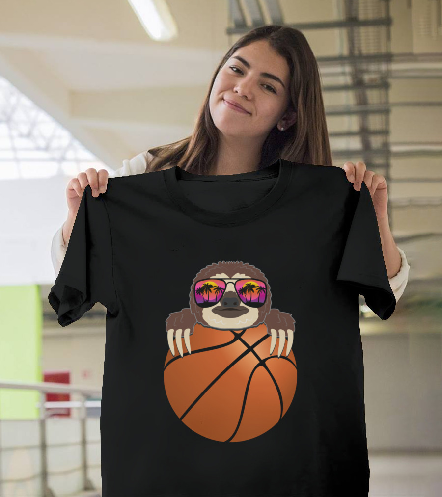 Sloth Wearing Sunglasses Holding Basketball Fun Player T-Shirt