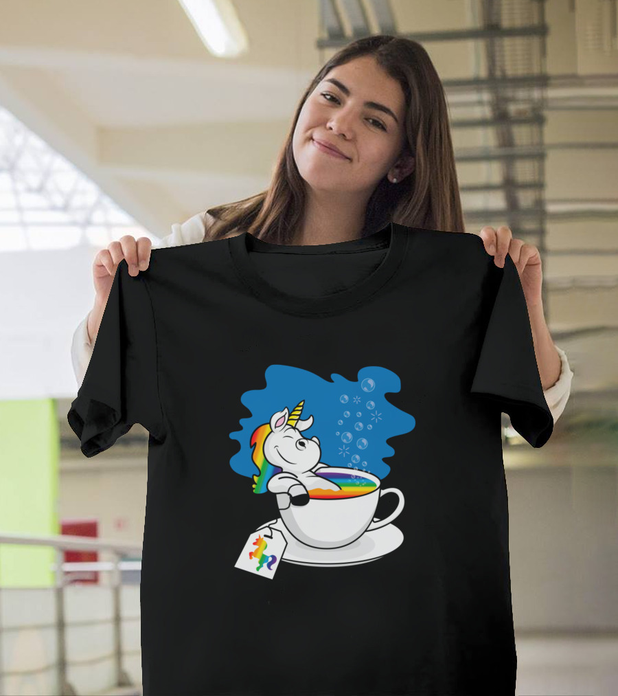 Relaxing Unicorn Bathing in Rainbow Tea Cup with Rainbow Tag T-Shirt