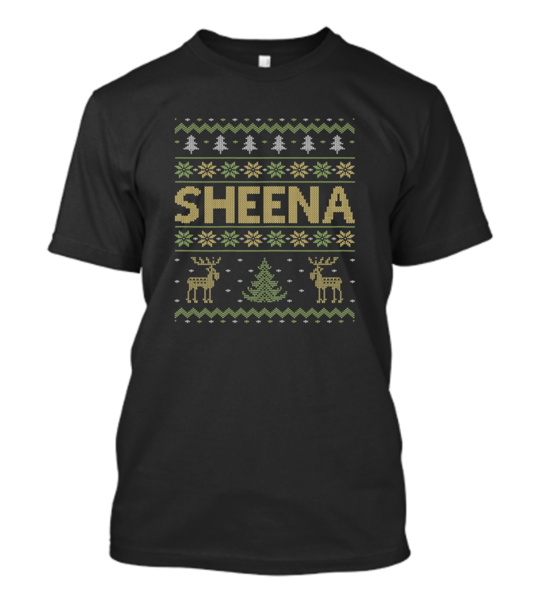 Sheena Ugly Christmas Sweater Design Reindeer Trees Snowflakes T-Shirt