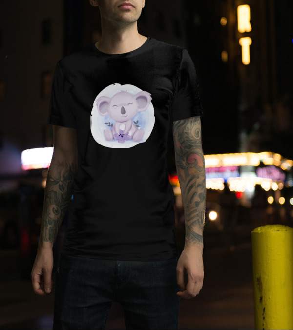 Adorable Baby Koala With Purple Flower And Pastel Circle Background T-Shirt