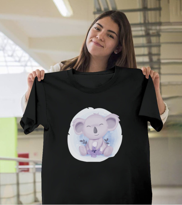 Adorable Baby Koala With Purple Flower And Pastel Circle Background T-Shirt