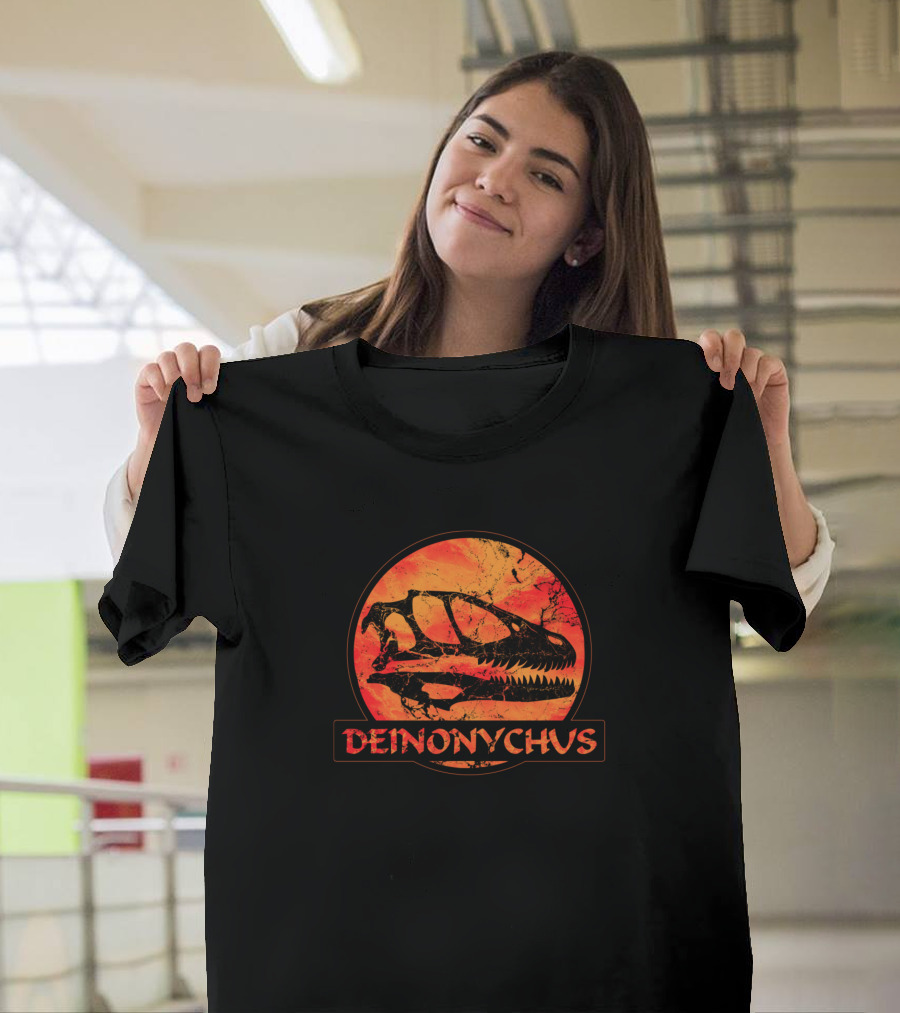 DEINONYCHUS Dinosaur Skull Silhouette in Prehistoric Jurassic Circle T-Shirt