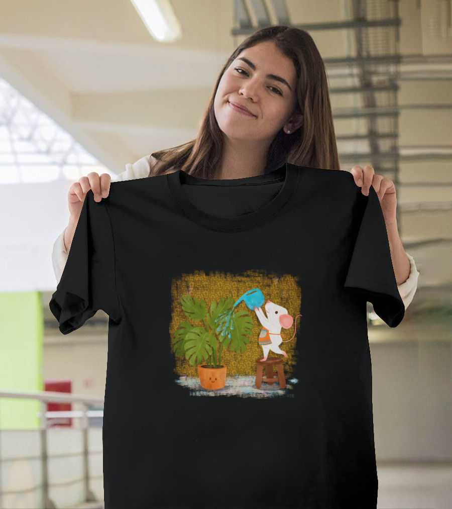 Mice Watering The Plants with Blue Watering Can and Smiling Plant T-Shirt