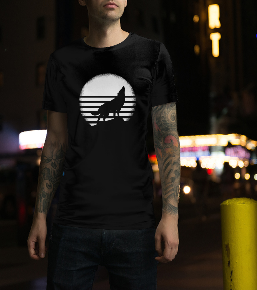 Wolfhund Howling Silhouette In Moonlit Stripes T-Shirt