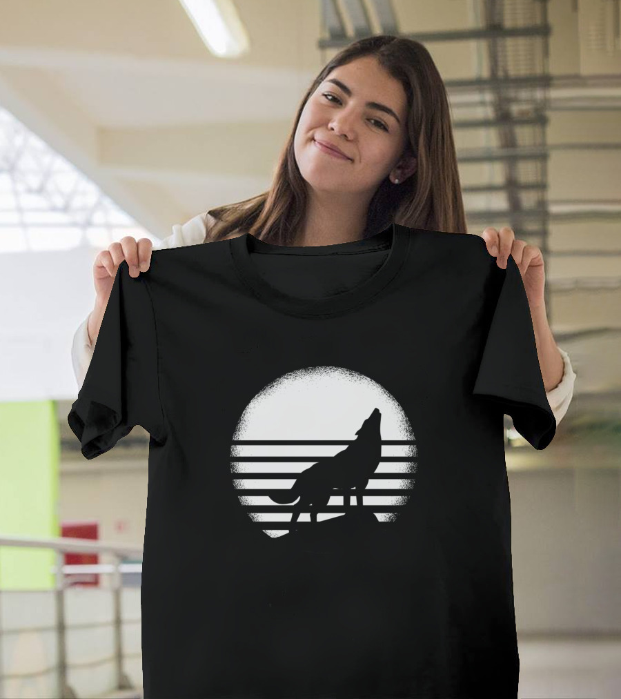 Wolfhund Howling Silhouette In Moonlit Stripes T-Shirt