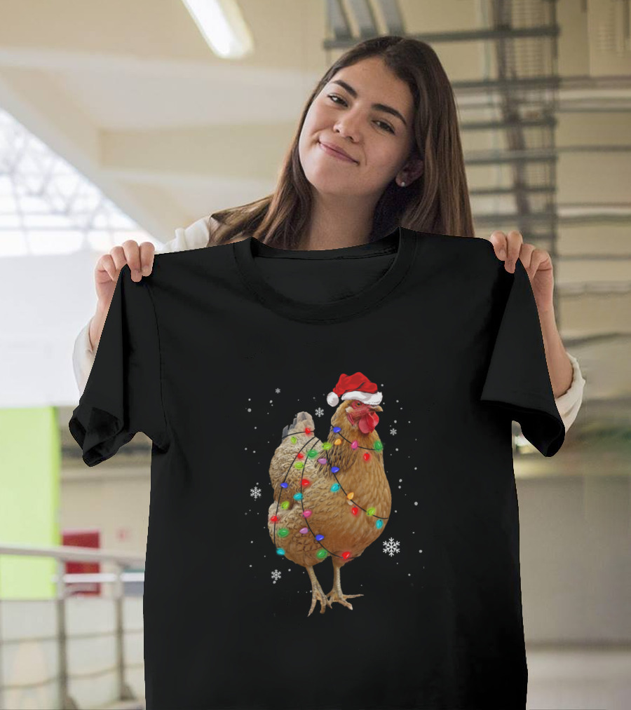Chicken Wrapped in Christmas Lights with Santa Hat T-Shirt
