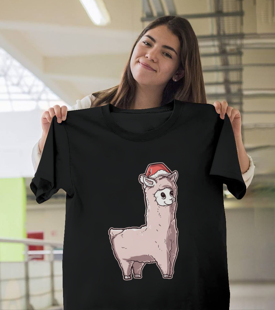 Christmas Llama With Santa Hat T-Shirt