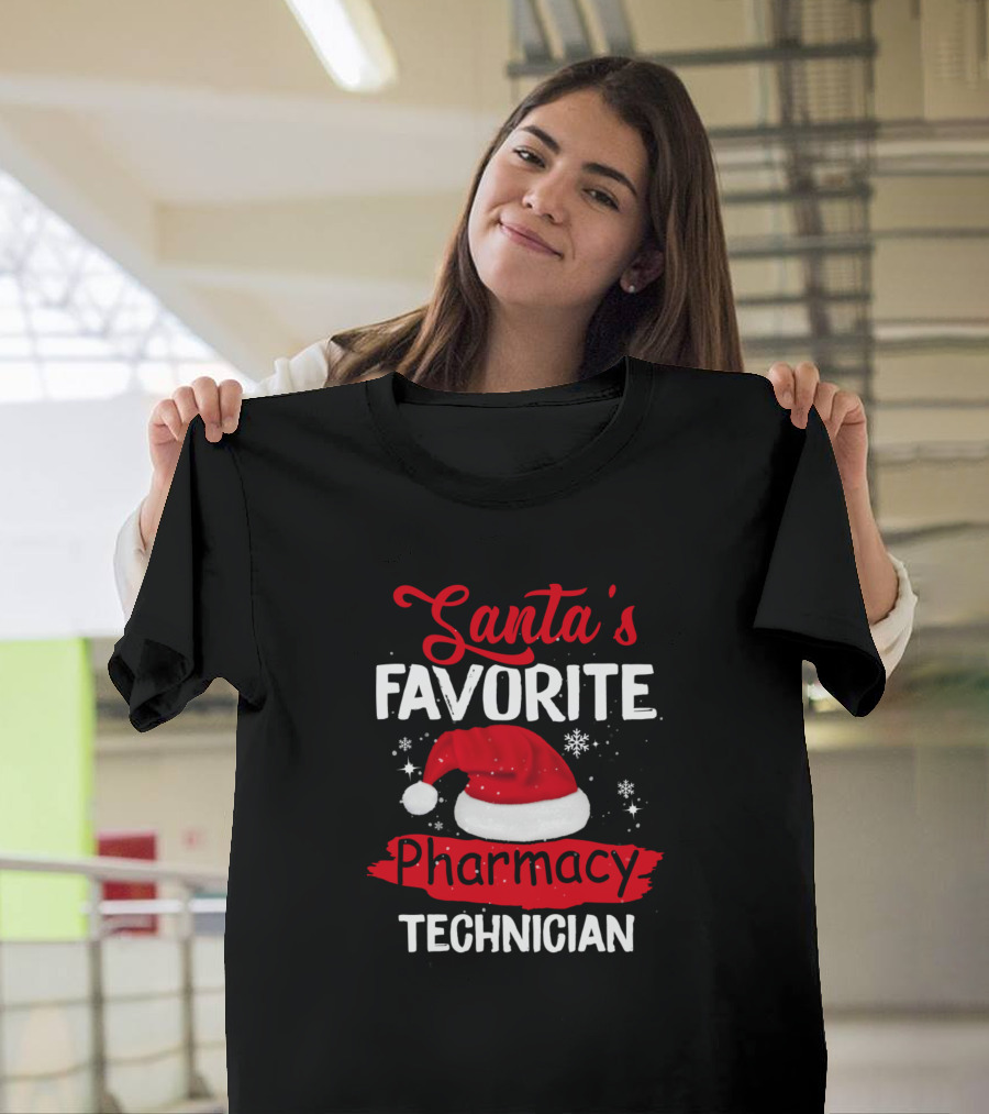 Santa's Favorite Pharmacy Technician Christmas Hat Snowflakes T-Shirt