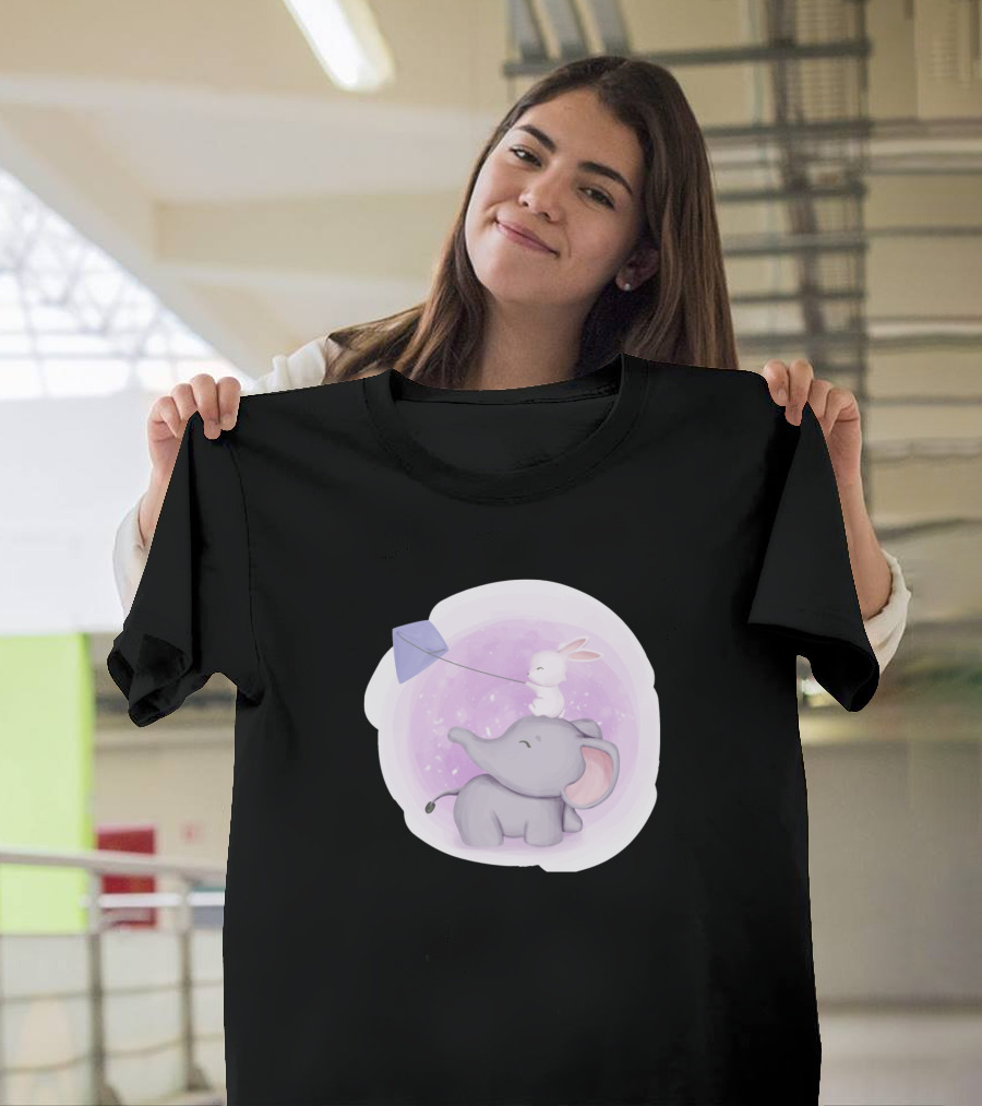 Baby Elephant and Rabbit Playing with Kite in Purple Sky T-Shirt
