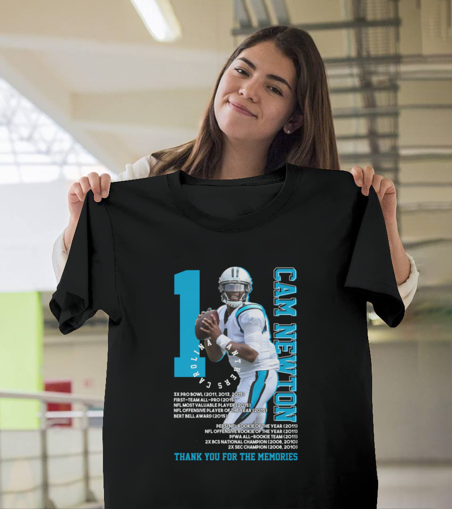 Cam Newton No 1 Jersey New England Football NFL MVP Rookie Champion Memories T-Shirt