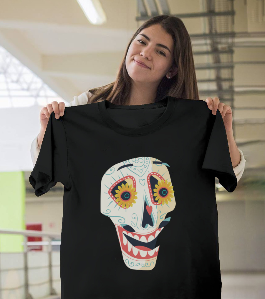 Skull Head Smiling Floral Sunflower Eyes Day of the Dead T-Shirt