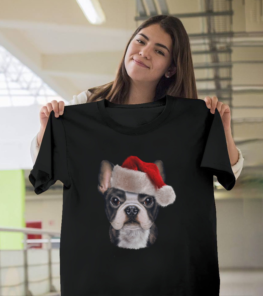 Cute French Bulldog Wearing Santa Claus Hat Christmas T-Shirt