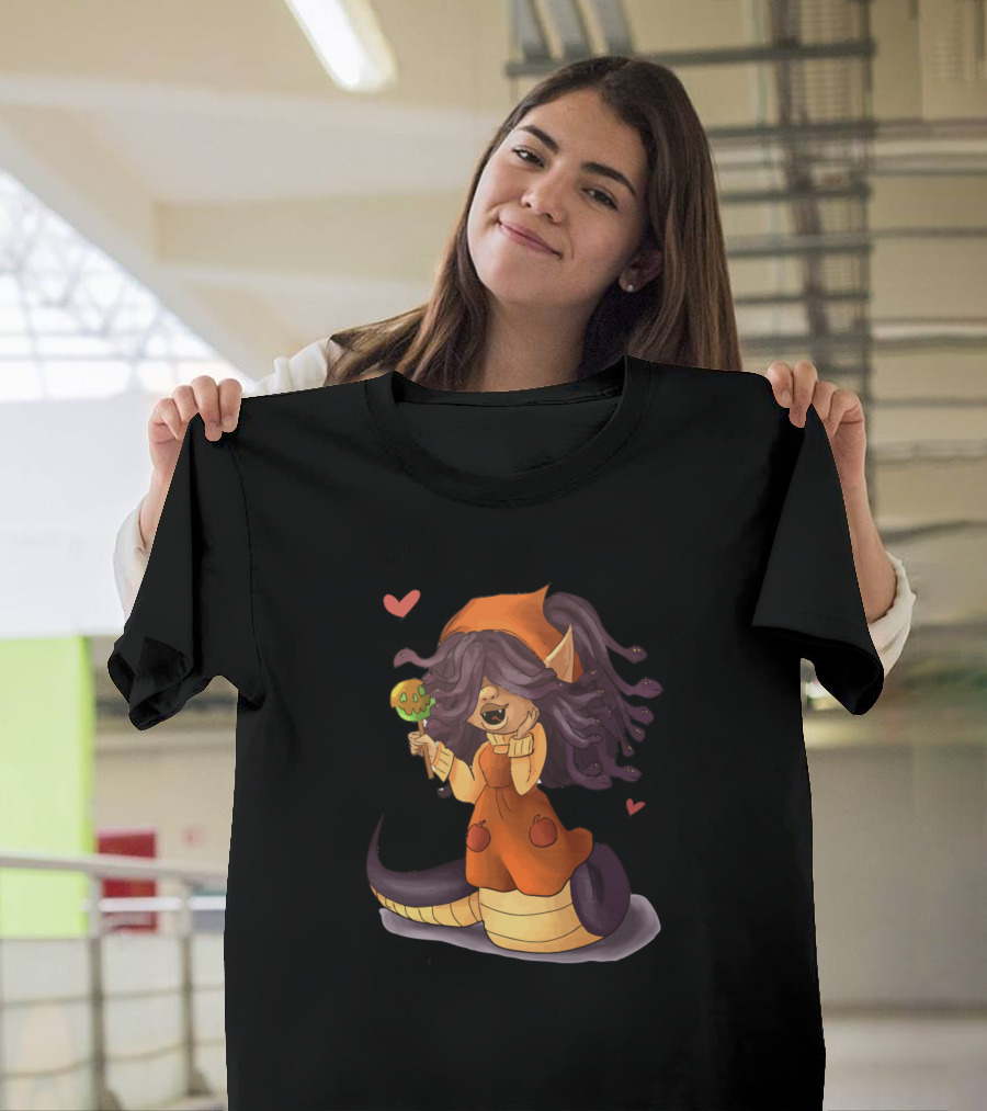 Medusa Halloween Snake Girl with Candy Apple and Hearts T-Shirt