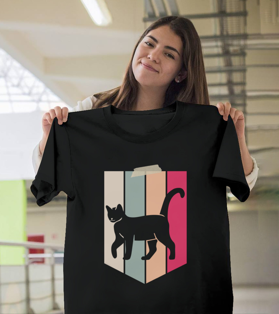 Funny Cats Retro Silhouette on Colorful Stripes T-Shirt