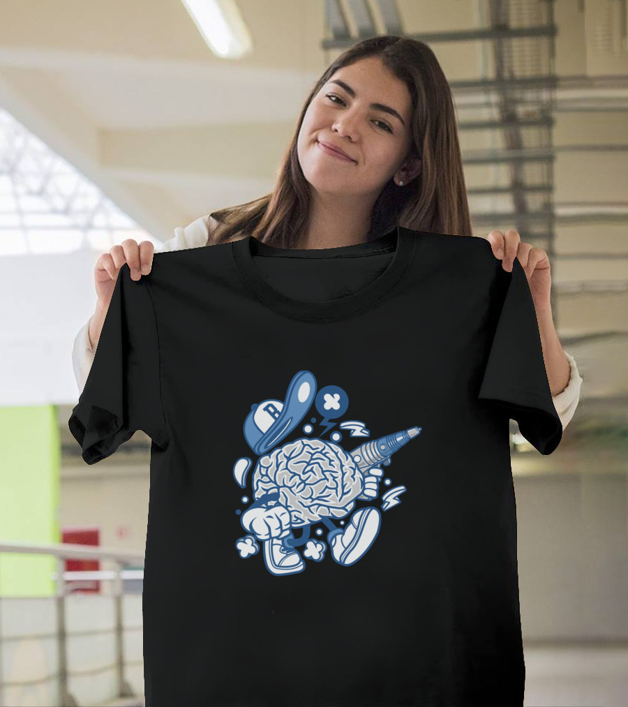 Brain Cartoon Character with Cap and Drill in Comic T-Shirt