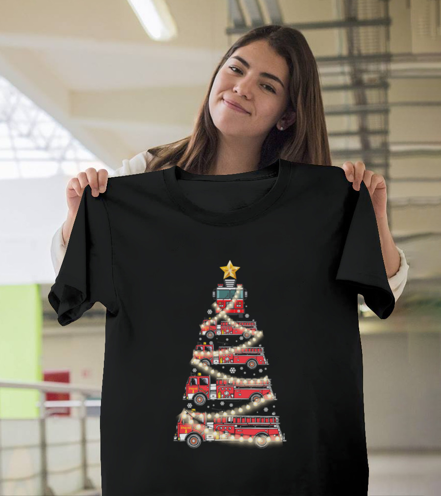 Firefighter Truck Christmas Tree with Lights and Star T-Shirt