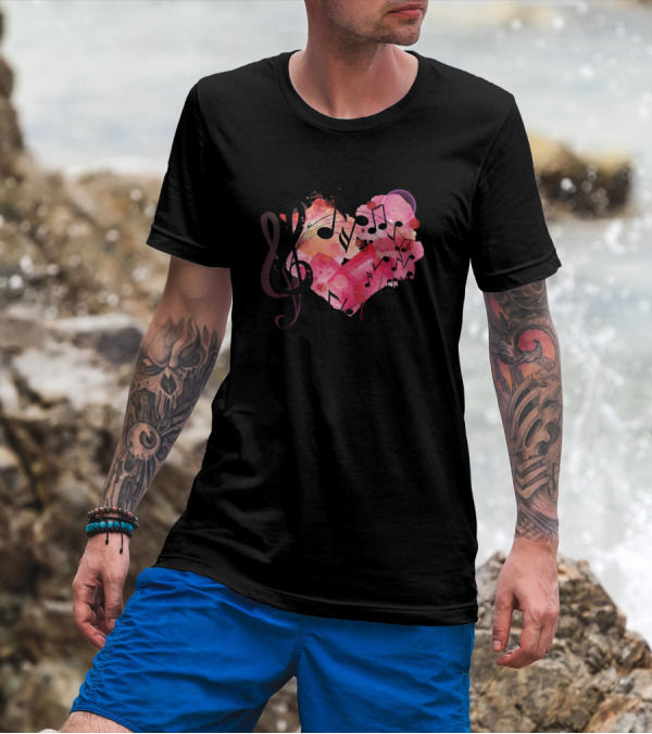 Red Heart Music Notes Treble Clef Watercolor T-Shirt