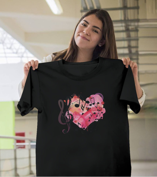 Red Heart Music Notes Treble Clef Watercolor T-Shirt