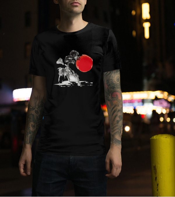 Red Sun And The Tree Brush Ink Landscape T-Shirt