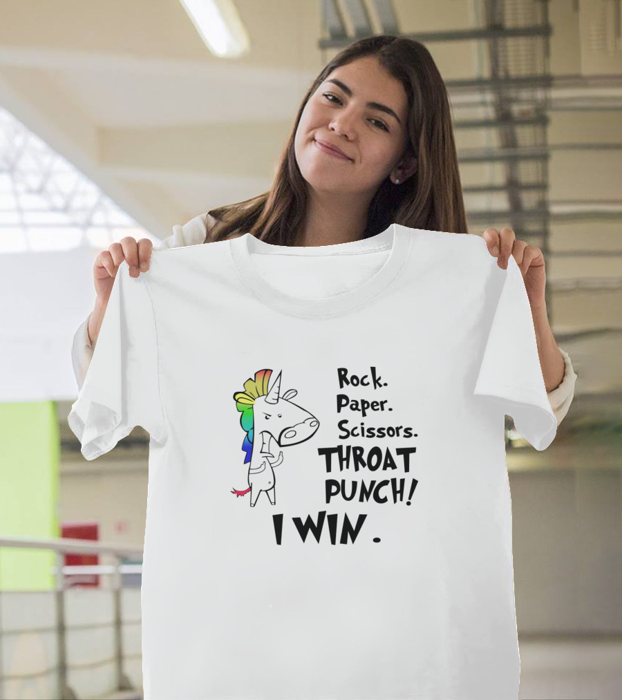 Rock Paper Scissors Throat Punch I Win Funny Unicorn T-Shirt