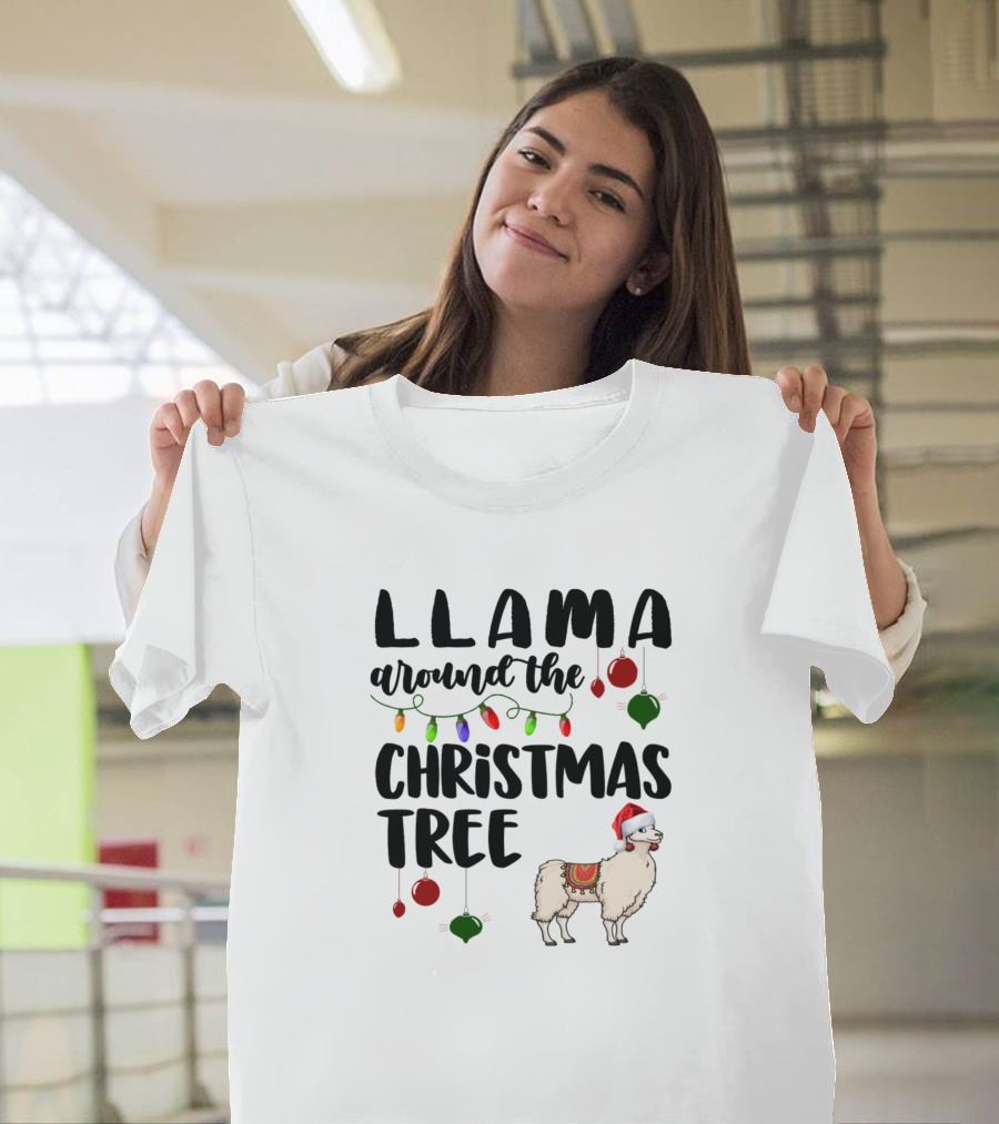 Llama Around the Christmas Tree with Santa Hat and Holiday Lights T-Shirt