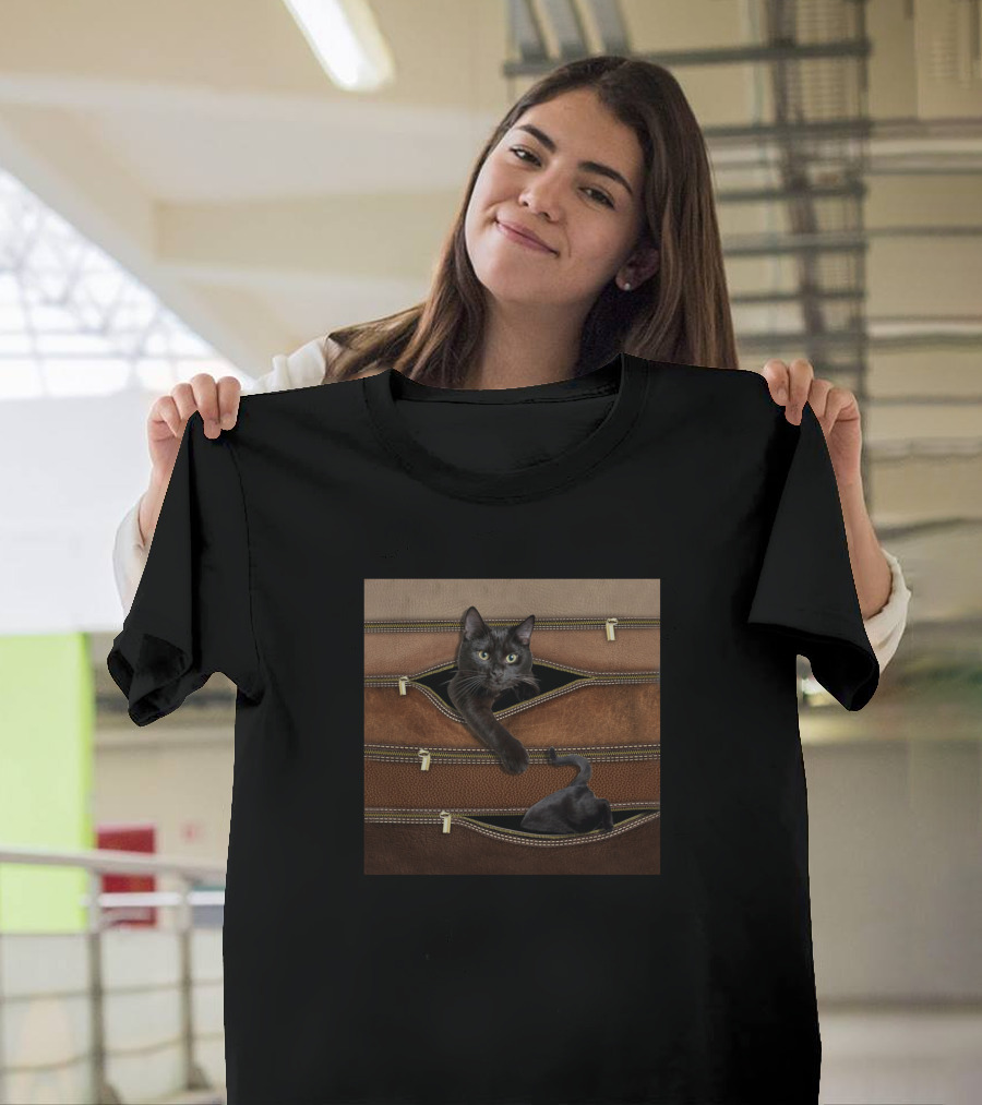 Naughty Black Cat Peeking from Zippers Cute Kitty All Over T-Shirt