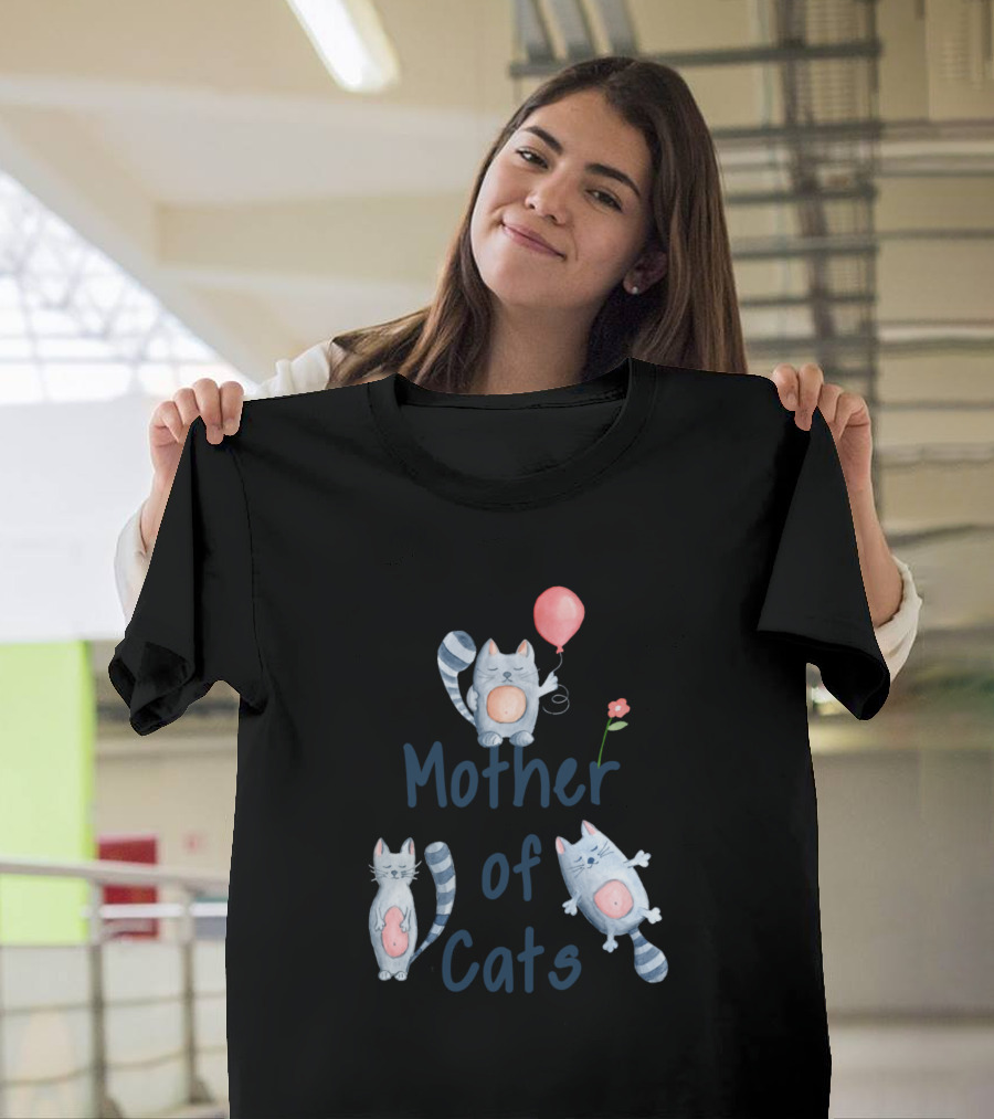 Mother of Cats Cute Funny Cat Kitty Illustration with Balloon and Flower T-Shirt