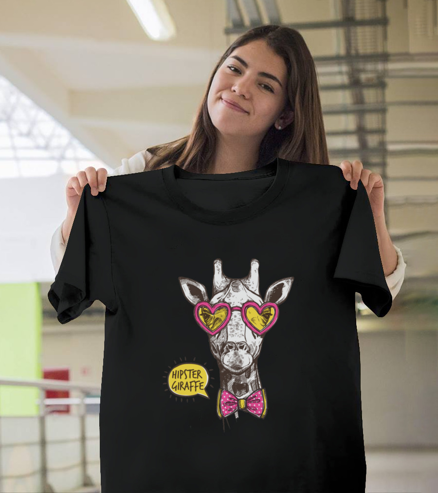 Hipster Giraffe Heart Glasses Pink Bow Tie T-Shirt