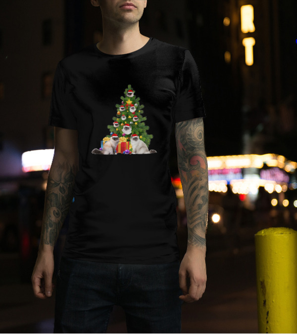 Birman Cat Decorated Christmas Tree With Santa Hats And Presents T-Shirt