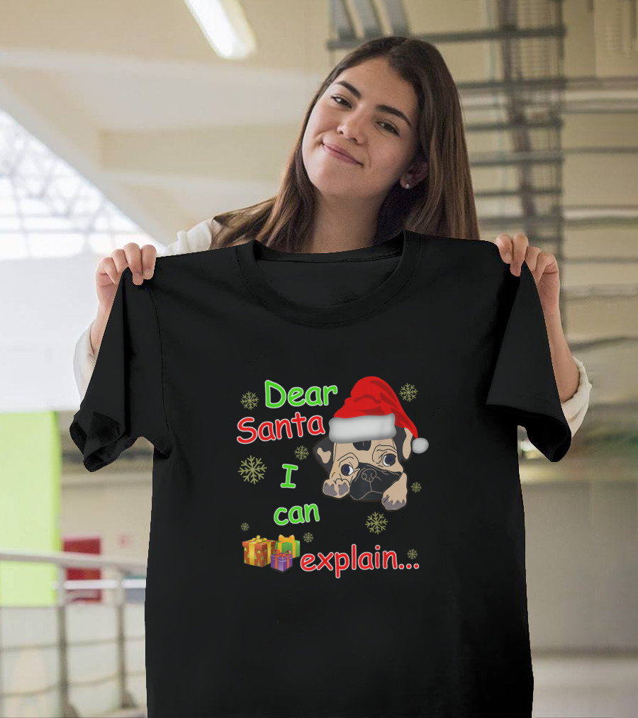 Dear Santa I Can Explain Funny Pug With Christmas Gifts And Snowflakes T-Shirt