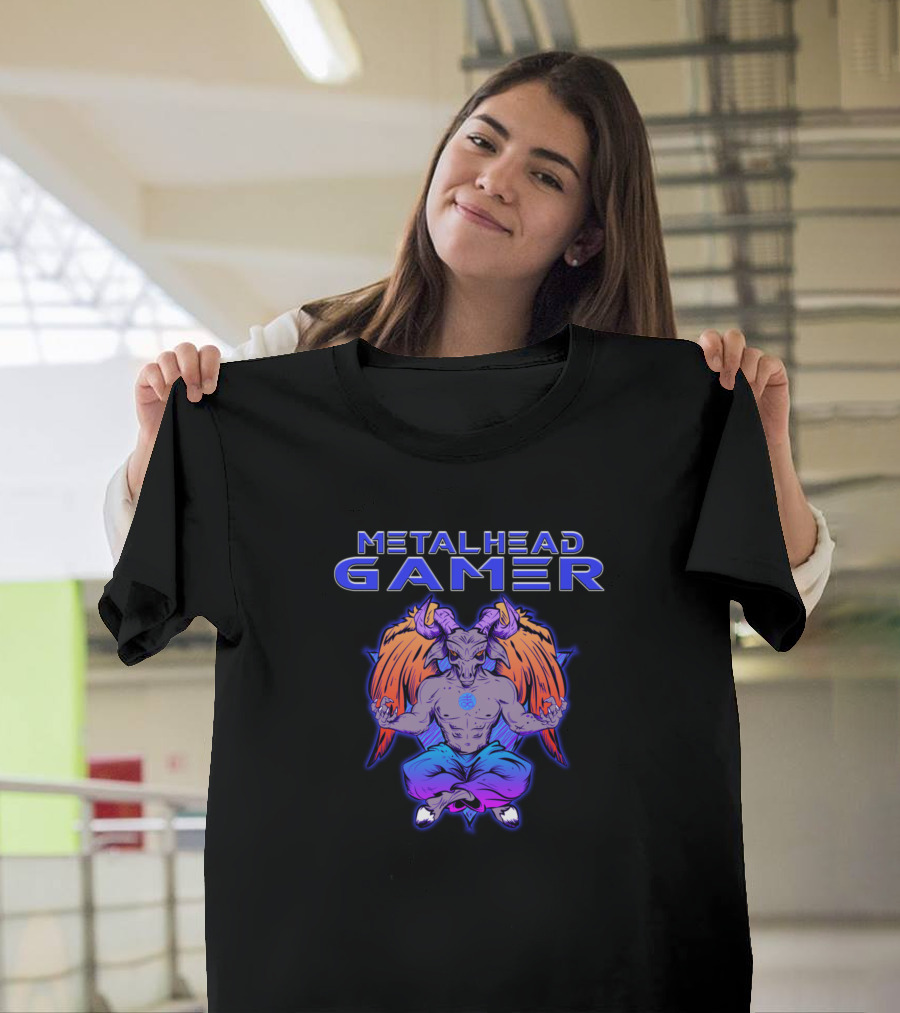 Metalhead Gamer Baphomet Meditate Winged Demon Blue T-Shirt