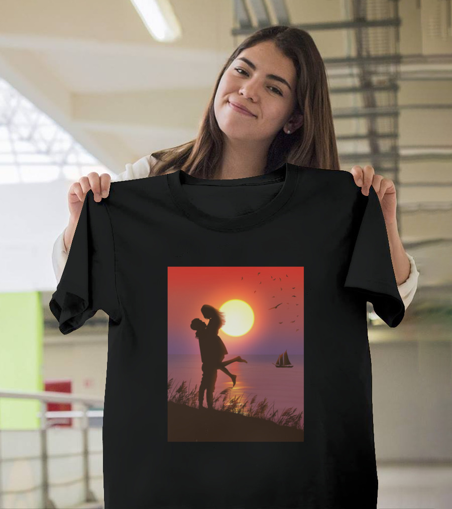 Sunset Embrace Lovers Silhouette with Sailboat and Birds T-Shirt