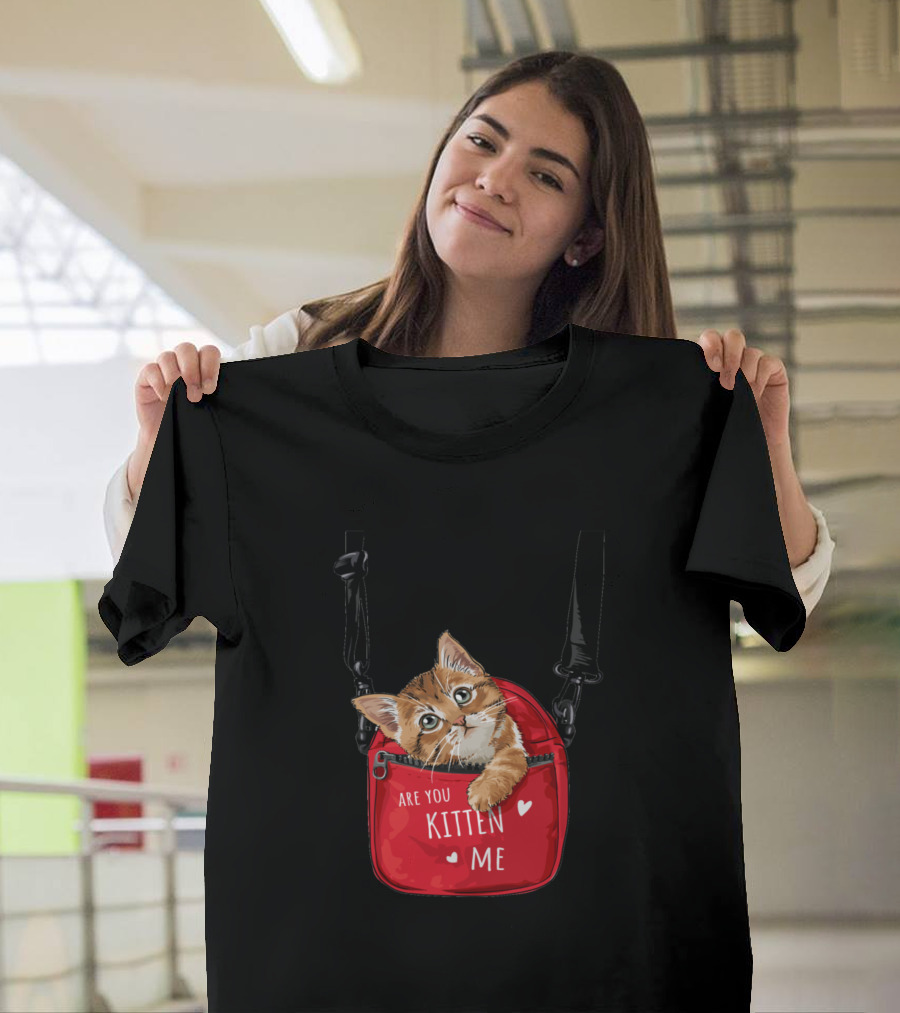 Are You Kitten Me Cat in Red Bag with Hearts T-Shirt