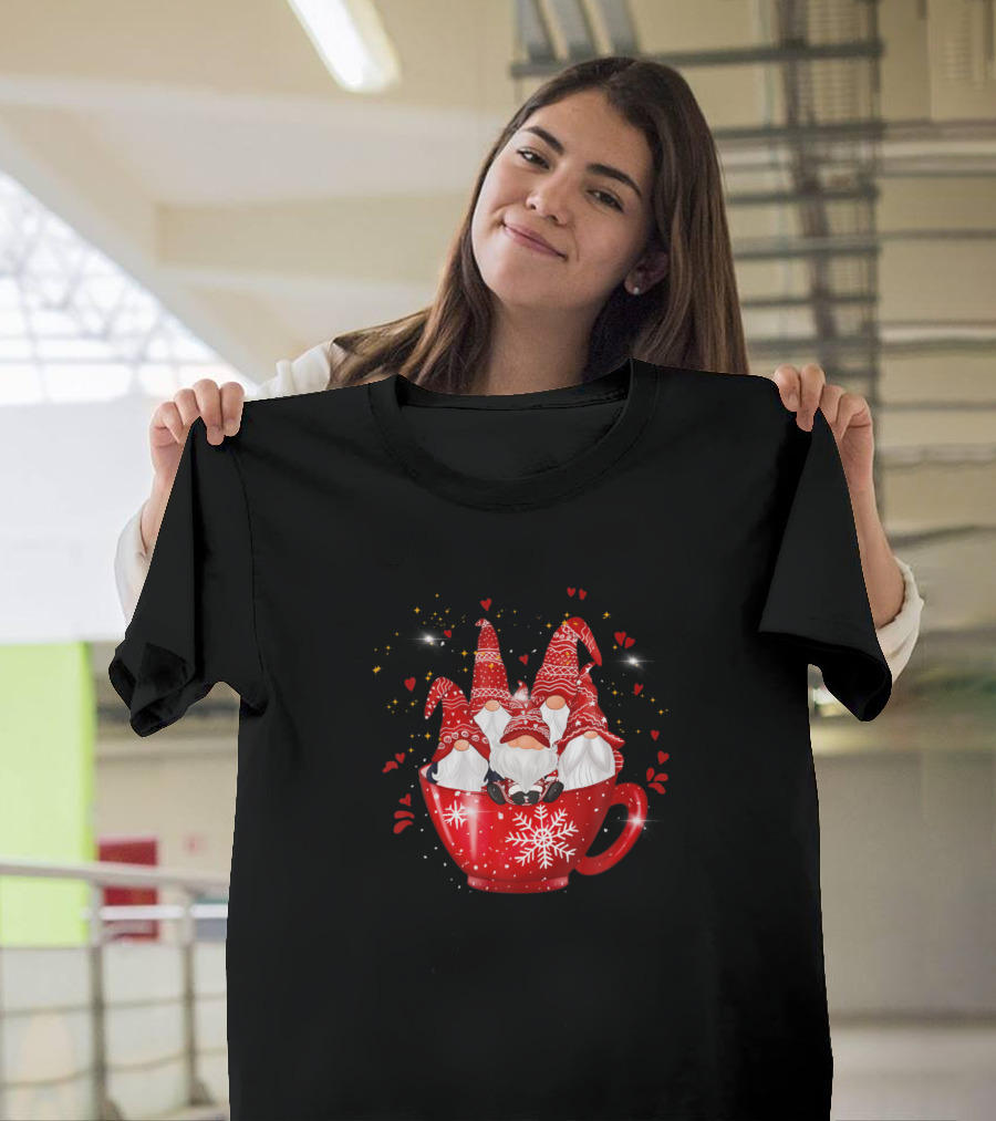 Christmas Gnomes in Festive Red Holiday Mug with Hearts and Snowflakes T-Shirt