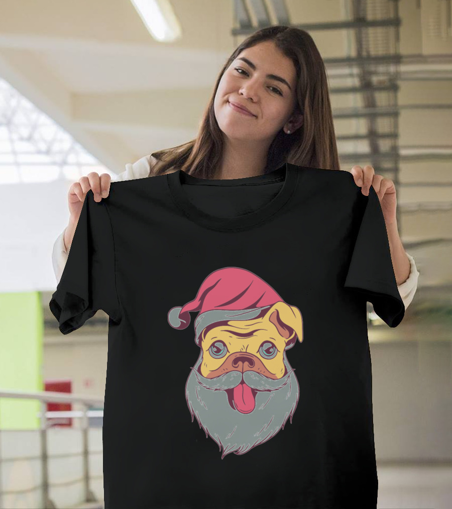 Santa Pug with Festive Hat and Beard T-Shirt