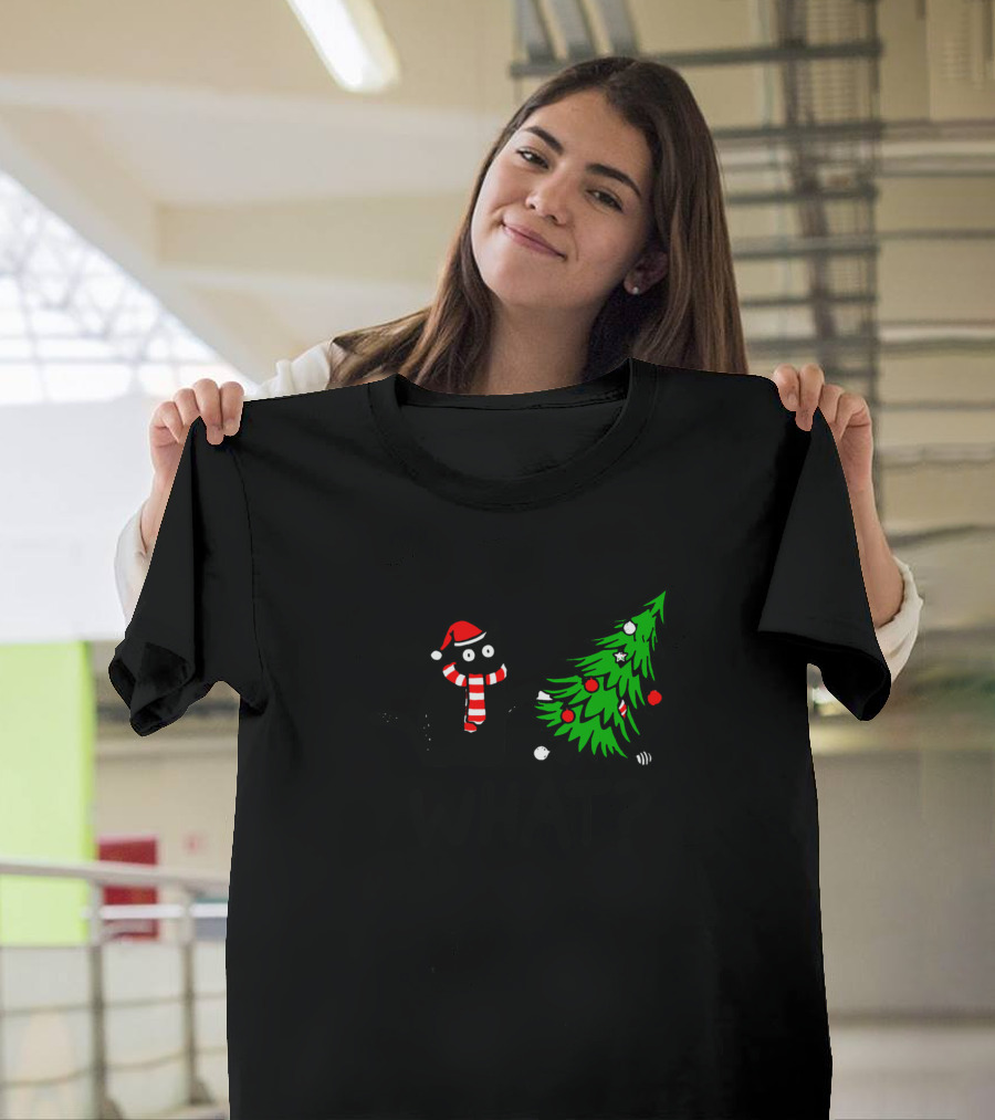 Funny Black Cat Pushing Christmas Tree Over What T-Shirt