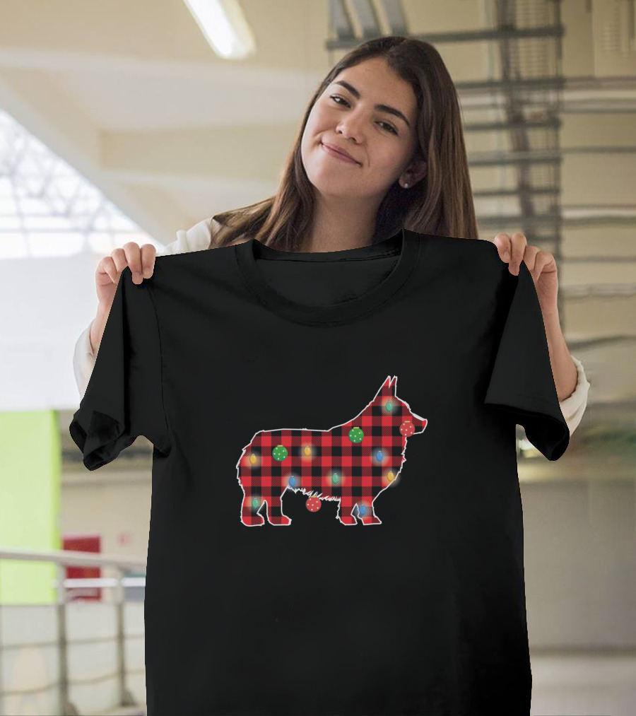 Merry Christmas Buffalo Plaid Corgi Puppies Dog with Festive Lights T-Shirt