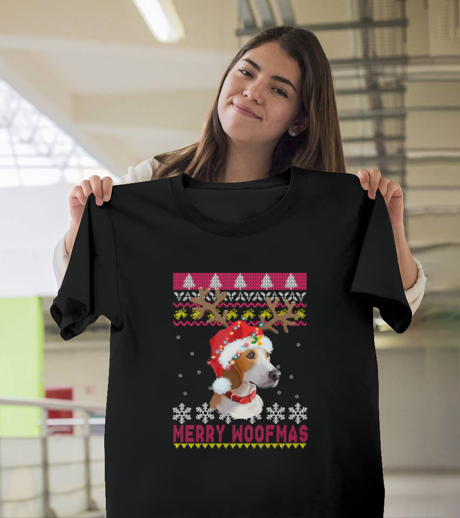 Merry Woofmas Harrier Reindeer Antler Santa Hat Ugly Christmas Sweater Snowflakes T-Shirt