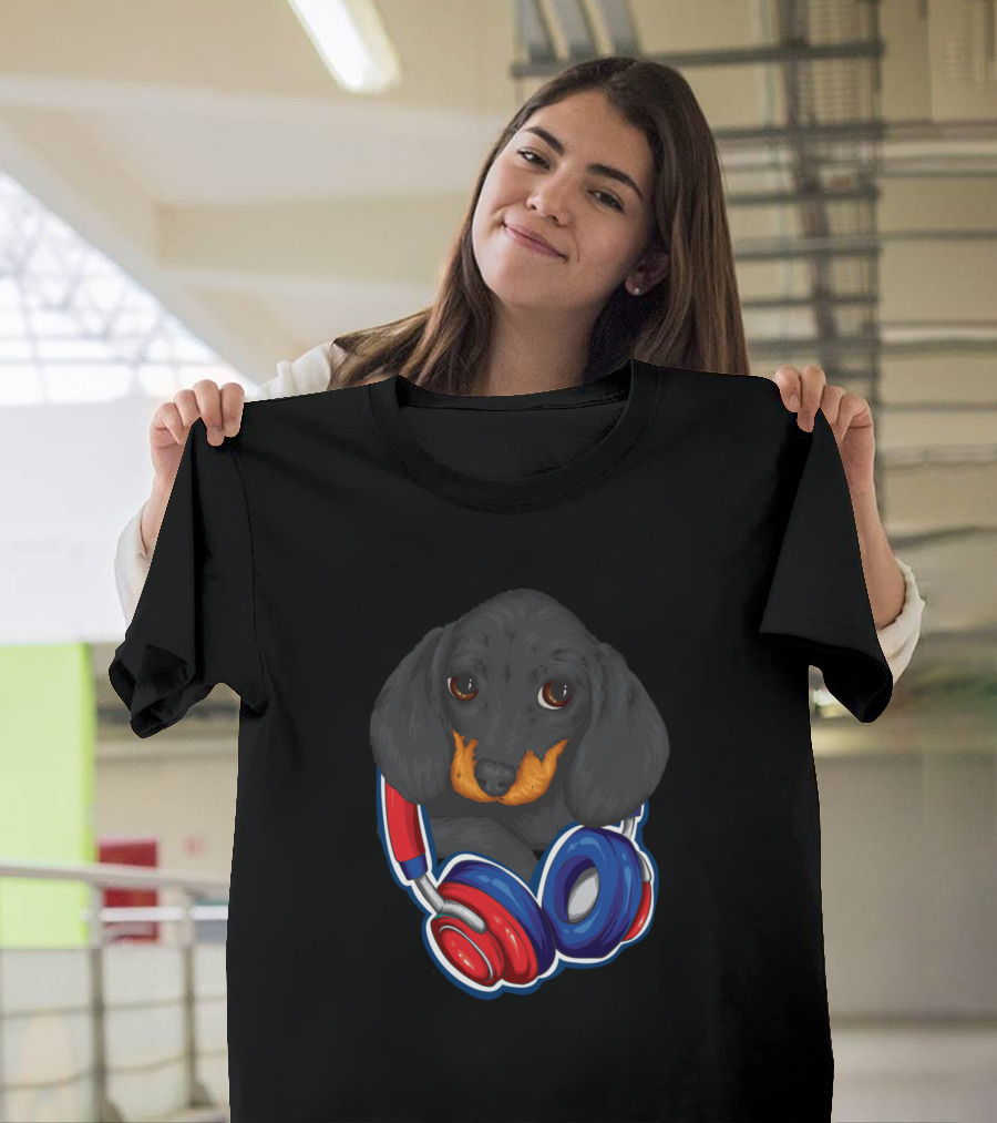Dog With Headphones Red and Blue T-Shirt