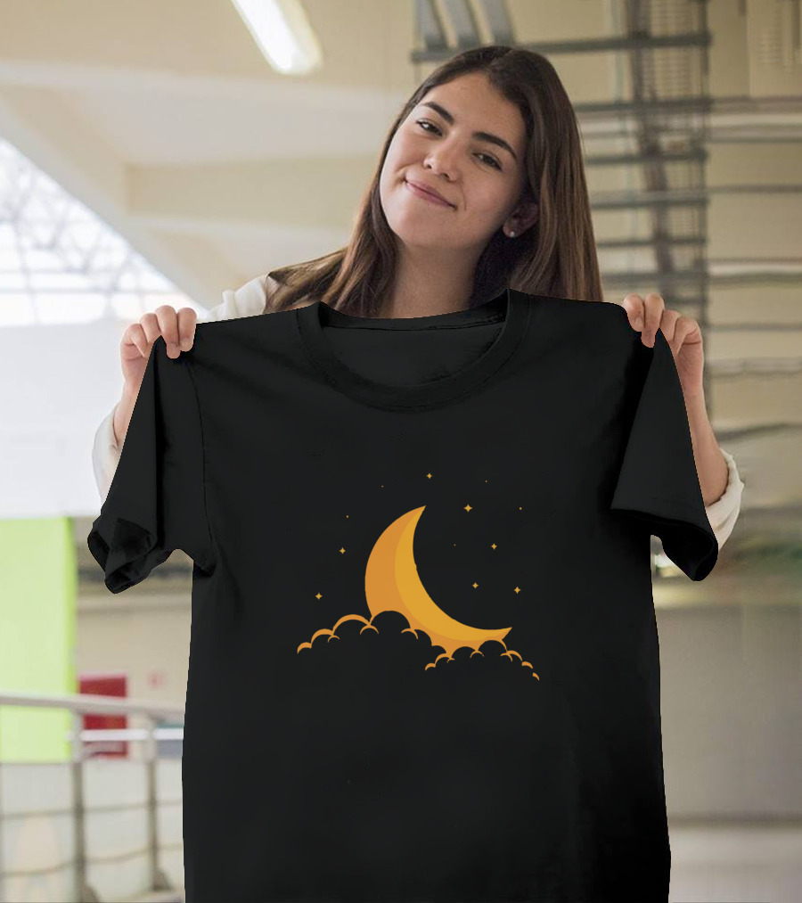 Moon Clouds Yellow Crescent Above Dark Sky T-Shirt