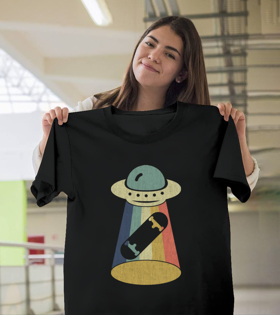 Skateboarder Experiencing UFO Abduction in Rainbow Tractor Beam T-Shirt