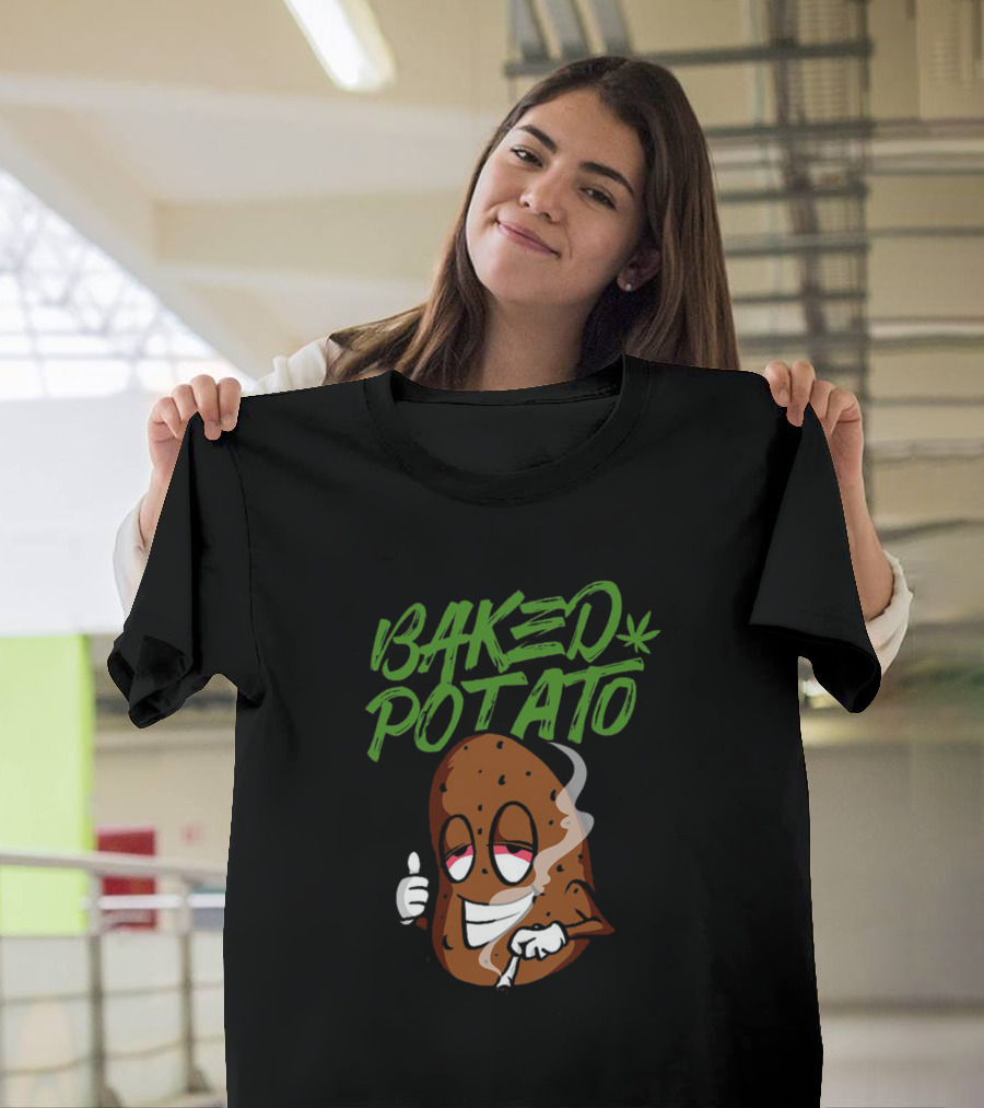 Baked Potato Smoking Cartoon with Marijuana Leaf T-Shirt