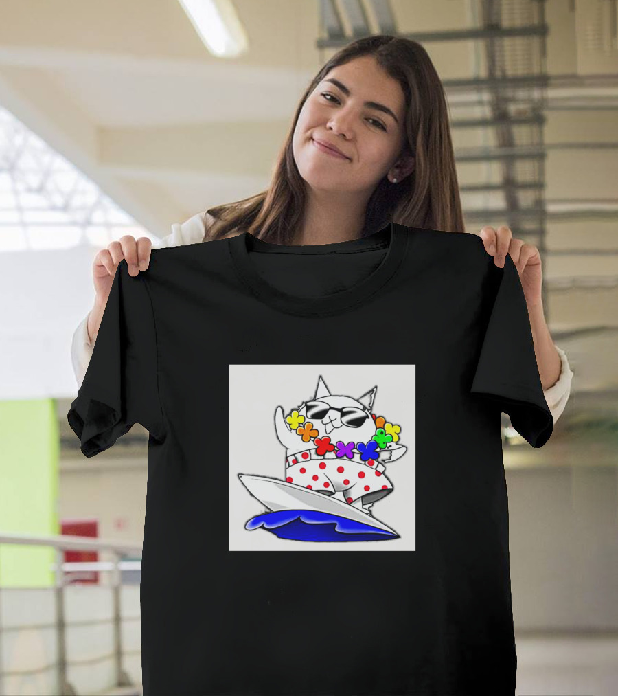 Cartoon Cats Surfing Hawaiian Style with Flower Lei and Polka Dots T-Shirt