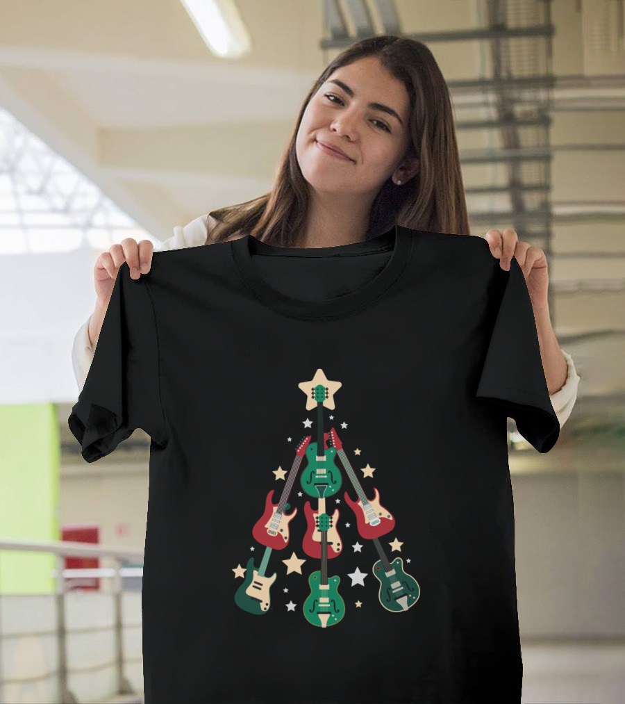 Christmas Tree Made of Colorful Guitars with Stars T-Shirt