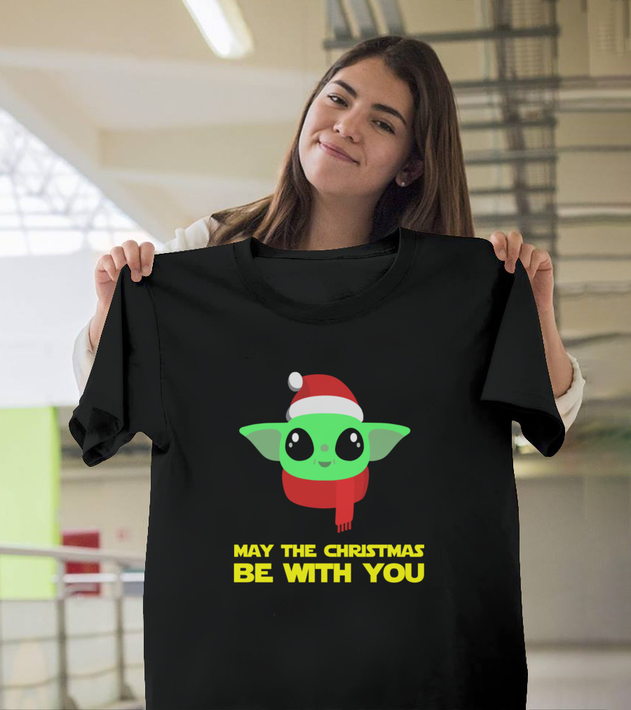 May The Christmas Be With You Santa Hat and Scarf Green Character T-Shirt