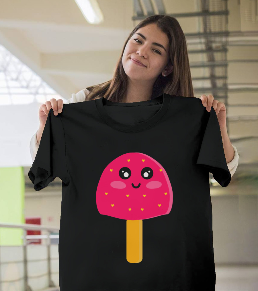 Pink Strawberry Ice Cream Cute Kawaii Heart Faces T-Shirt
