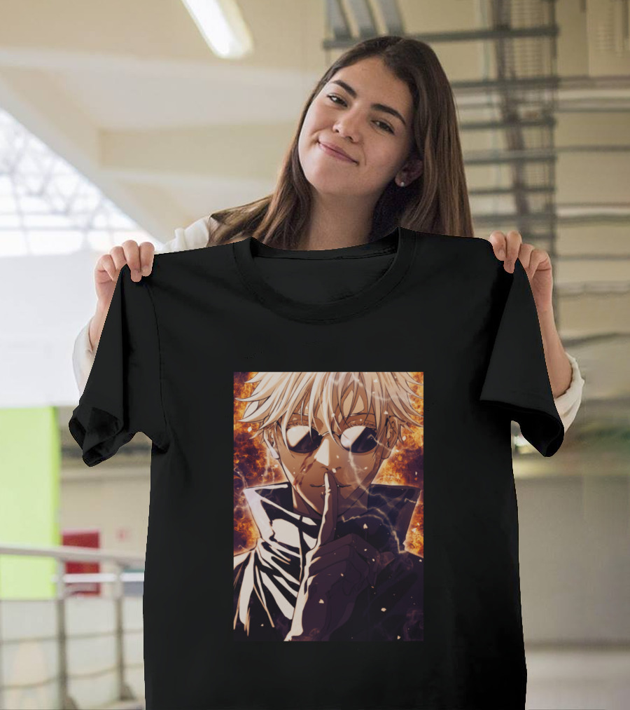 Satoru Gojou Anime Character with Fire Background T-Shirt