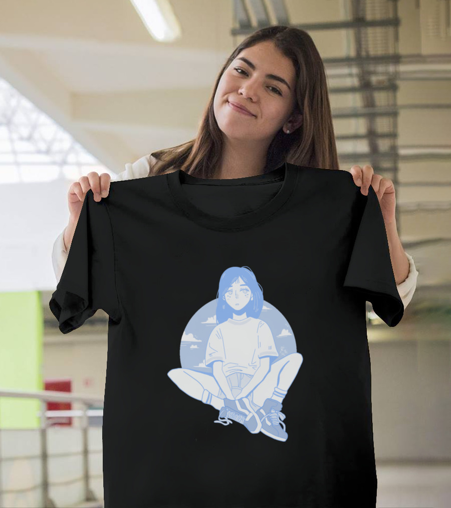 Blue Zen Sitting Anime Girl with Sneakers and Sky Background T-Shirt