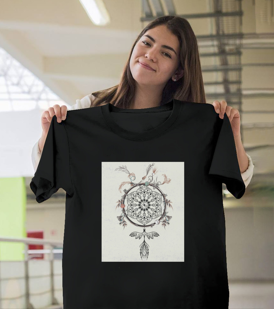 Boho Dreamcatcher with Feather and Leaf Details in Intricate T-Shirt